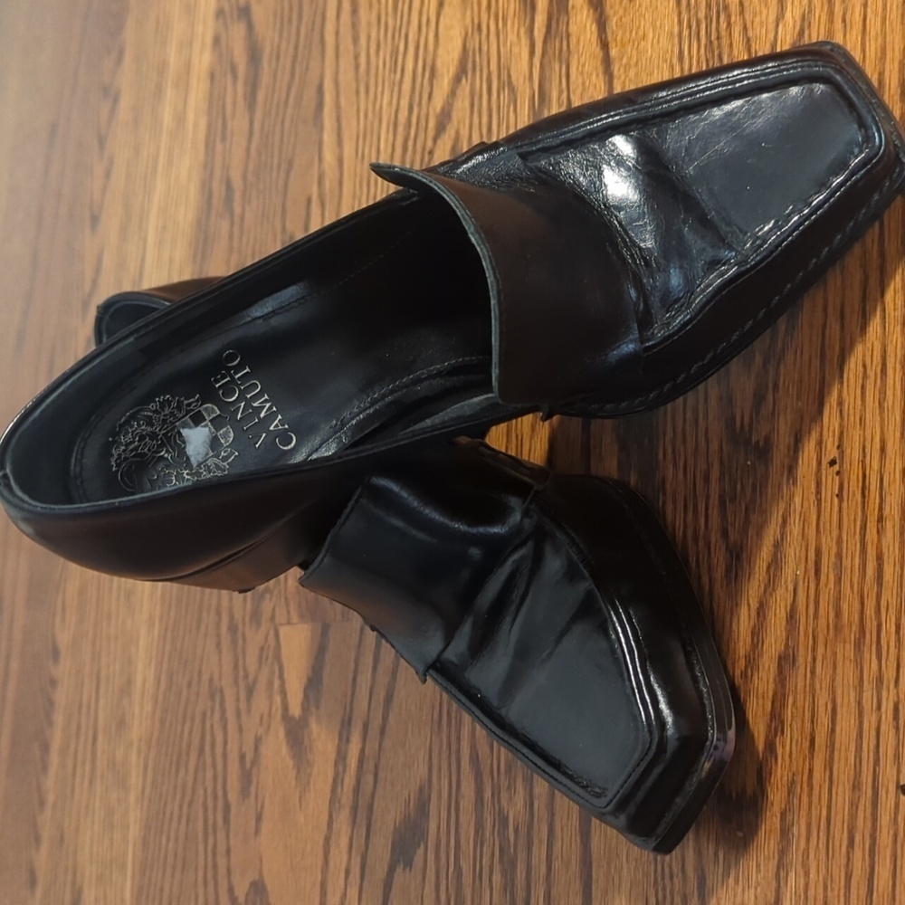Vince Camuto Black Slip-On Heeled Loafers Square Toe  Polished Finish Sz 8 - Picture 7 of 14